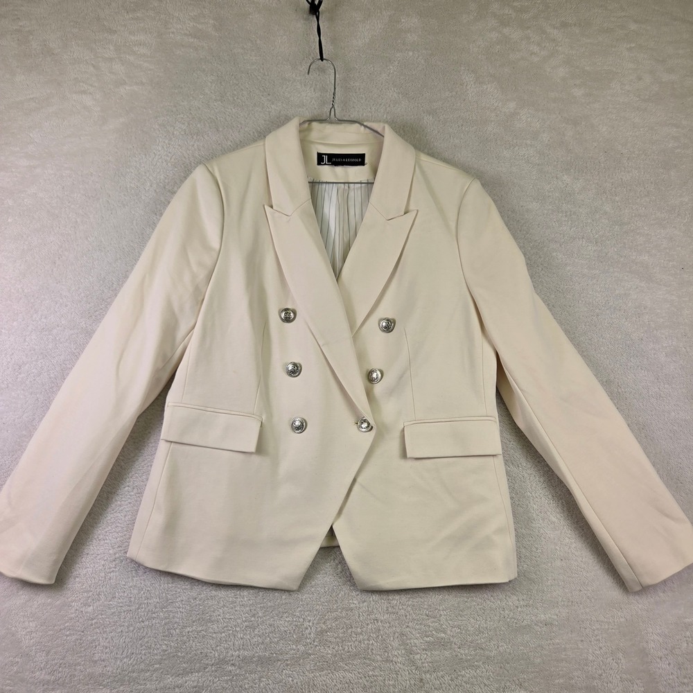 Jules & Leopold Womens Cream Open Front Knit Blazer Notched Lapel Pinstripe